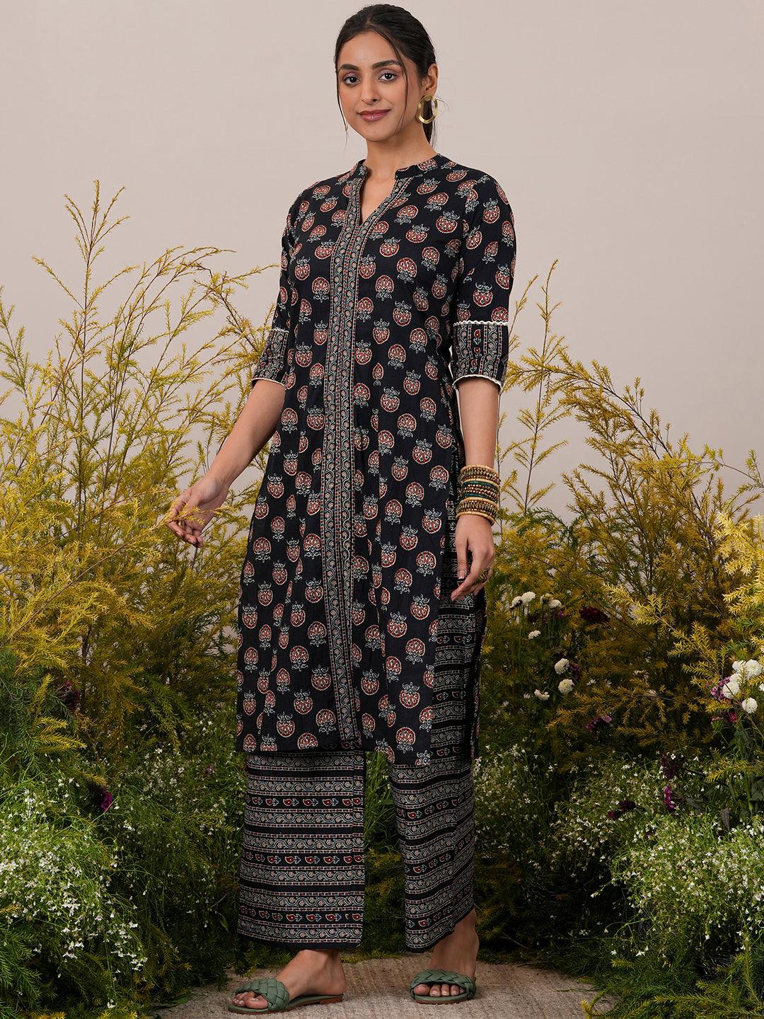 Black Printed Cotton Straight Suit With Dupatta - Libas