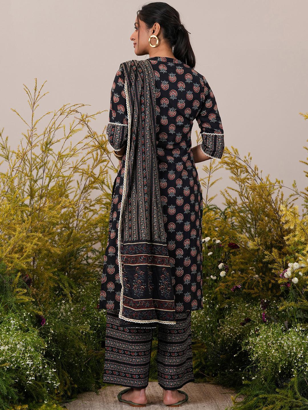 Black Printed Cotton Straight Suit With Dupatta - Libas 