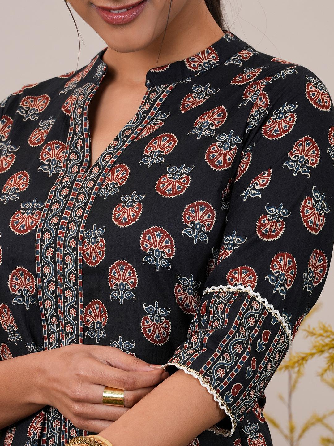 Black Printed Cotton Straight Suit With Dupatta - Libas 