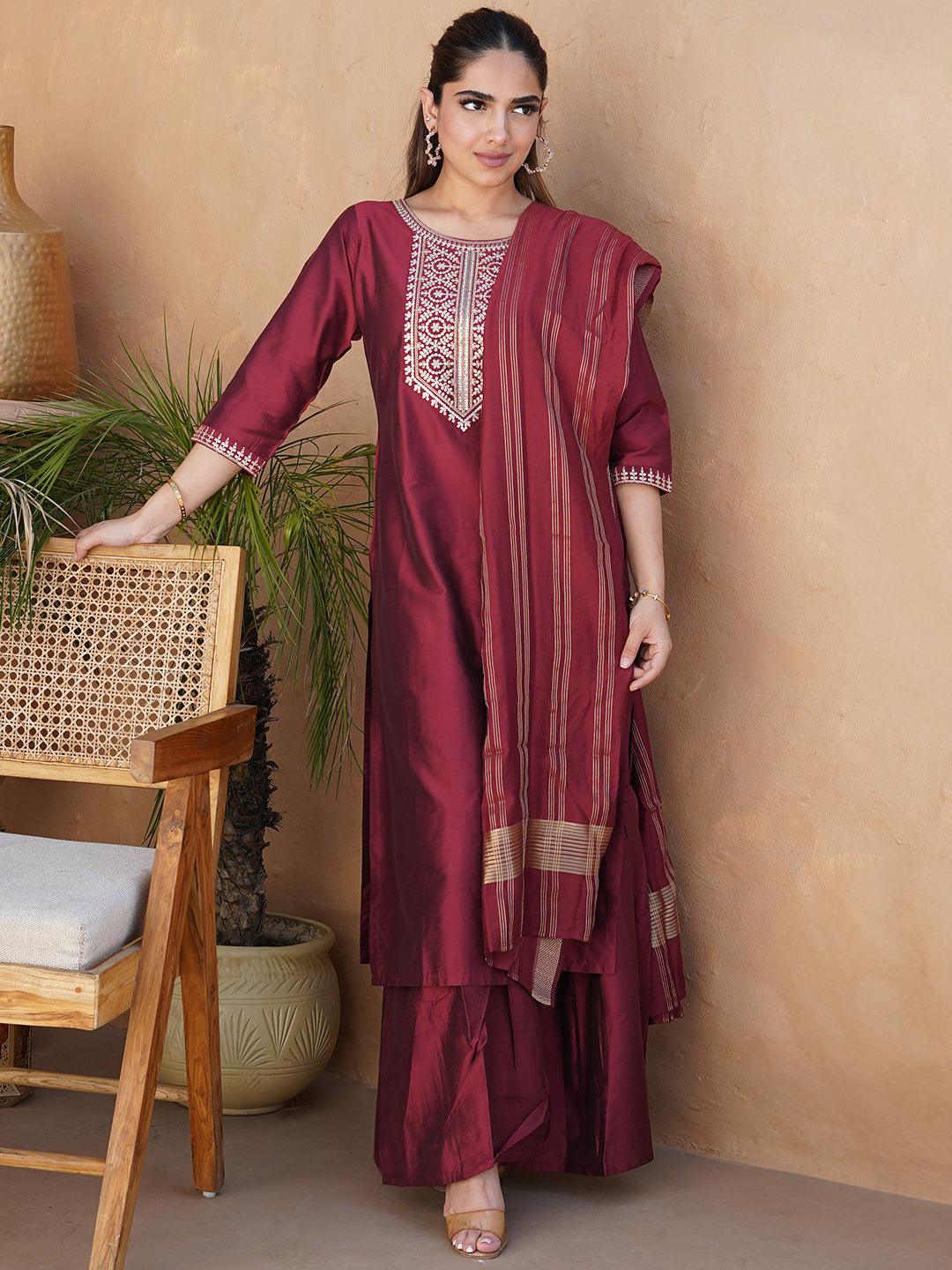 Rust Yoke Design Silk Blend Straight Suit With Dupatta - Libas 