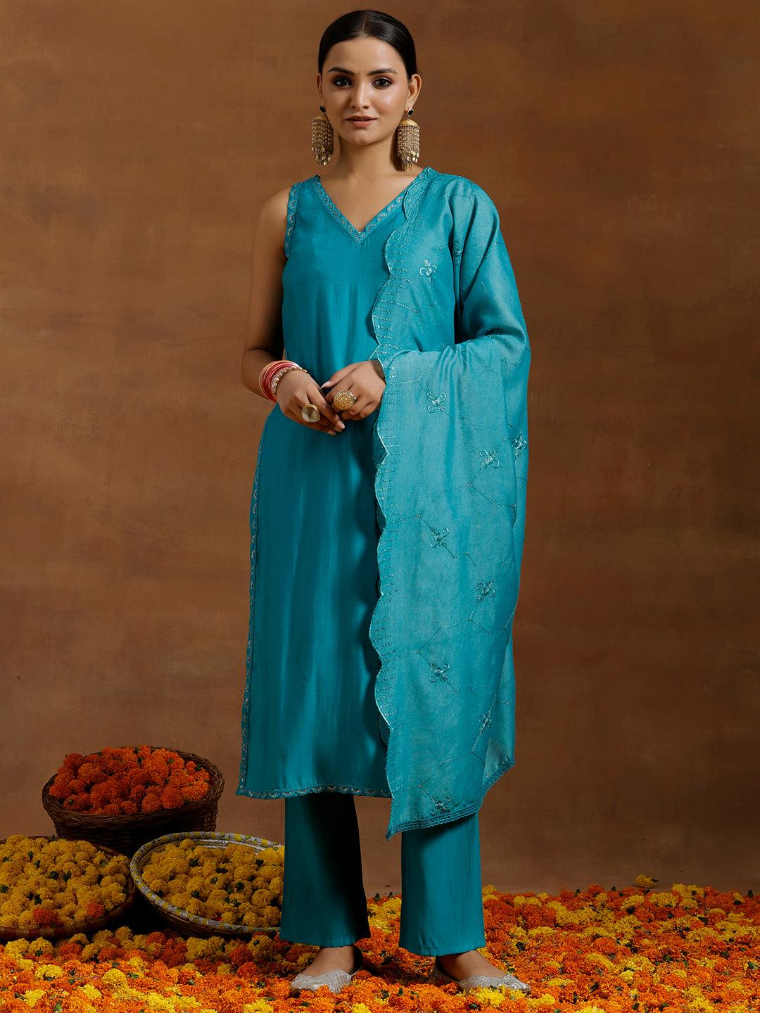 Green Solid Silk Blend Straight Suit With Dupatta - Libas