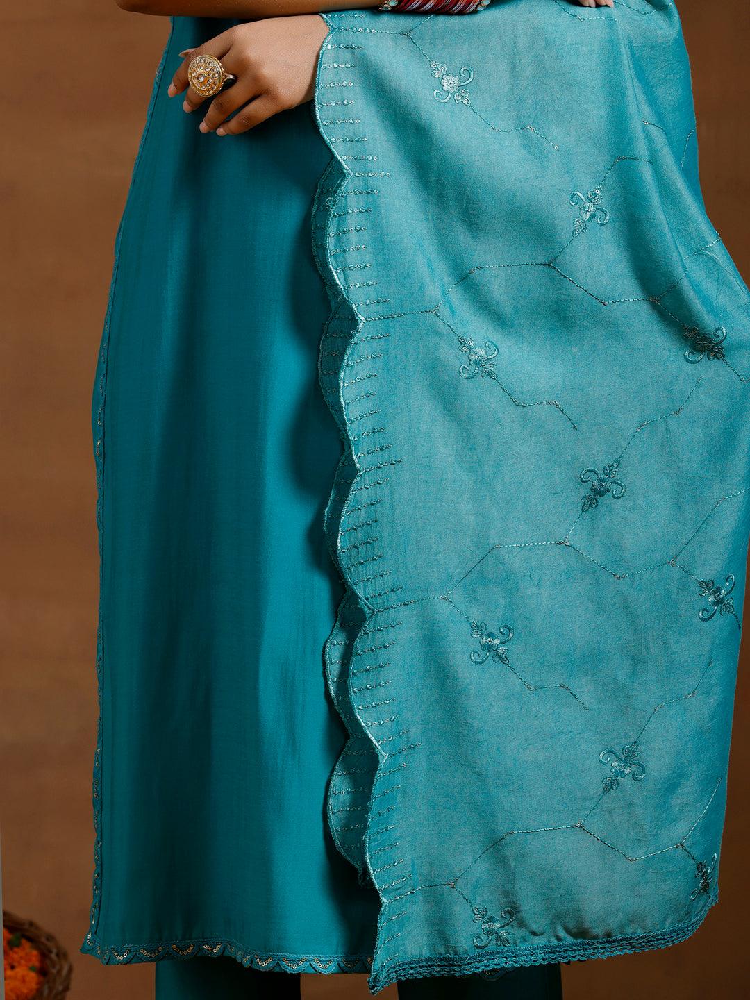 Green Solid Silk Blend Straight Suit With Dupatta - Libas 