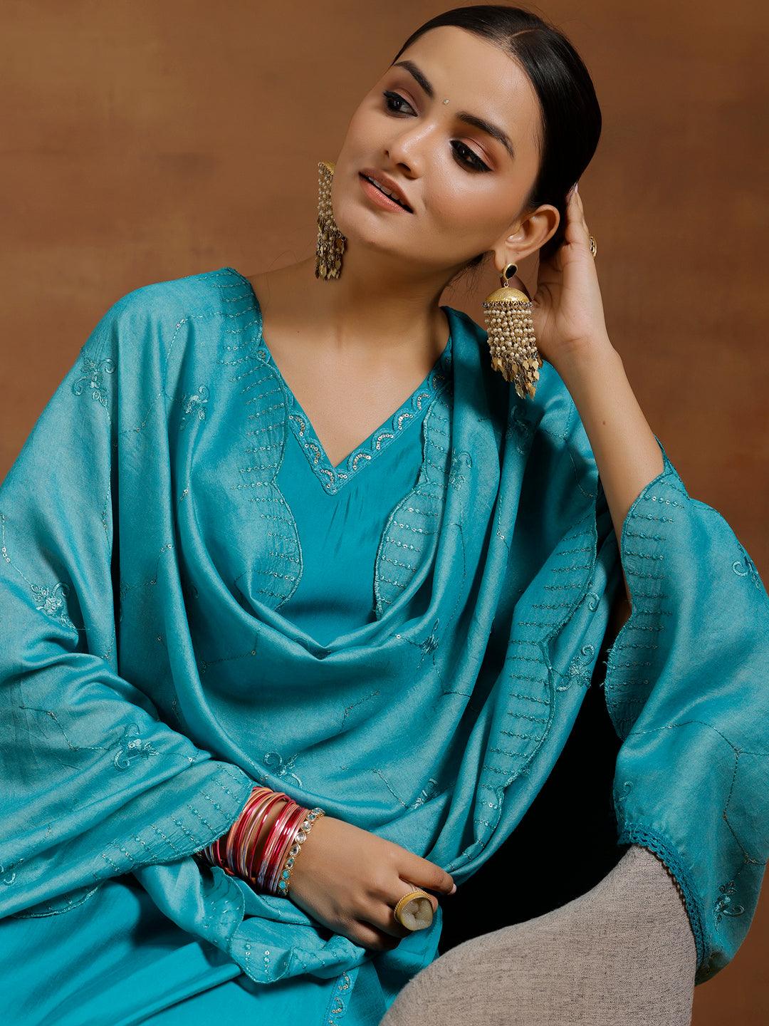 Green Solid Silk Blend Straight Suit With Dupatta - Libas