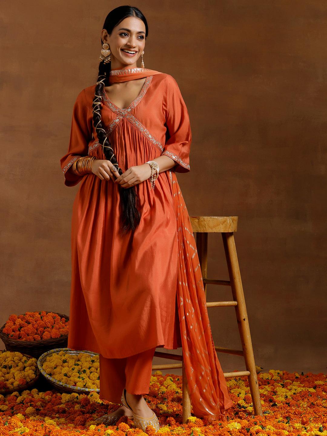 Rust Solid Silk Blend A-Line Kurta With Trousers & Dupatta - Libas