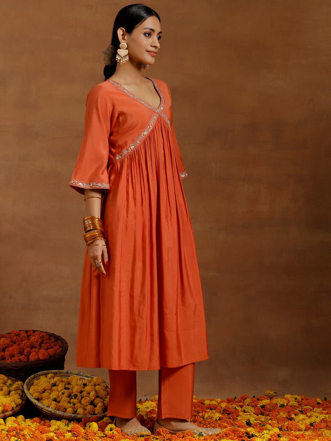 Rust Solid Silk Blend A-Line Kurta With Trousers & Dupatta - Libas