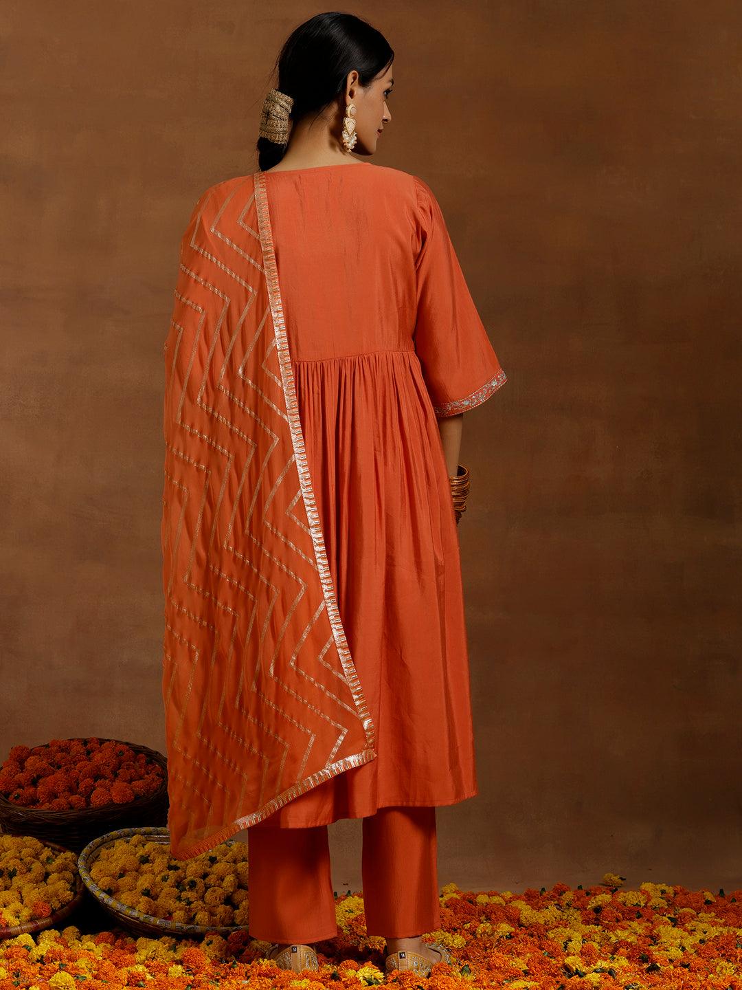 Rust Solid Silk Blend A-Line Kurta With Trousers & Dupatta - Libas 