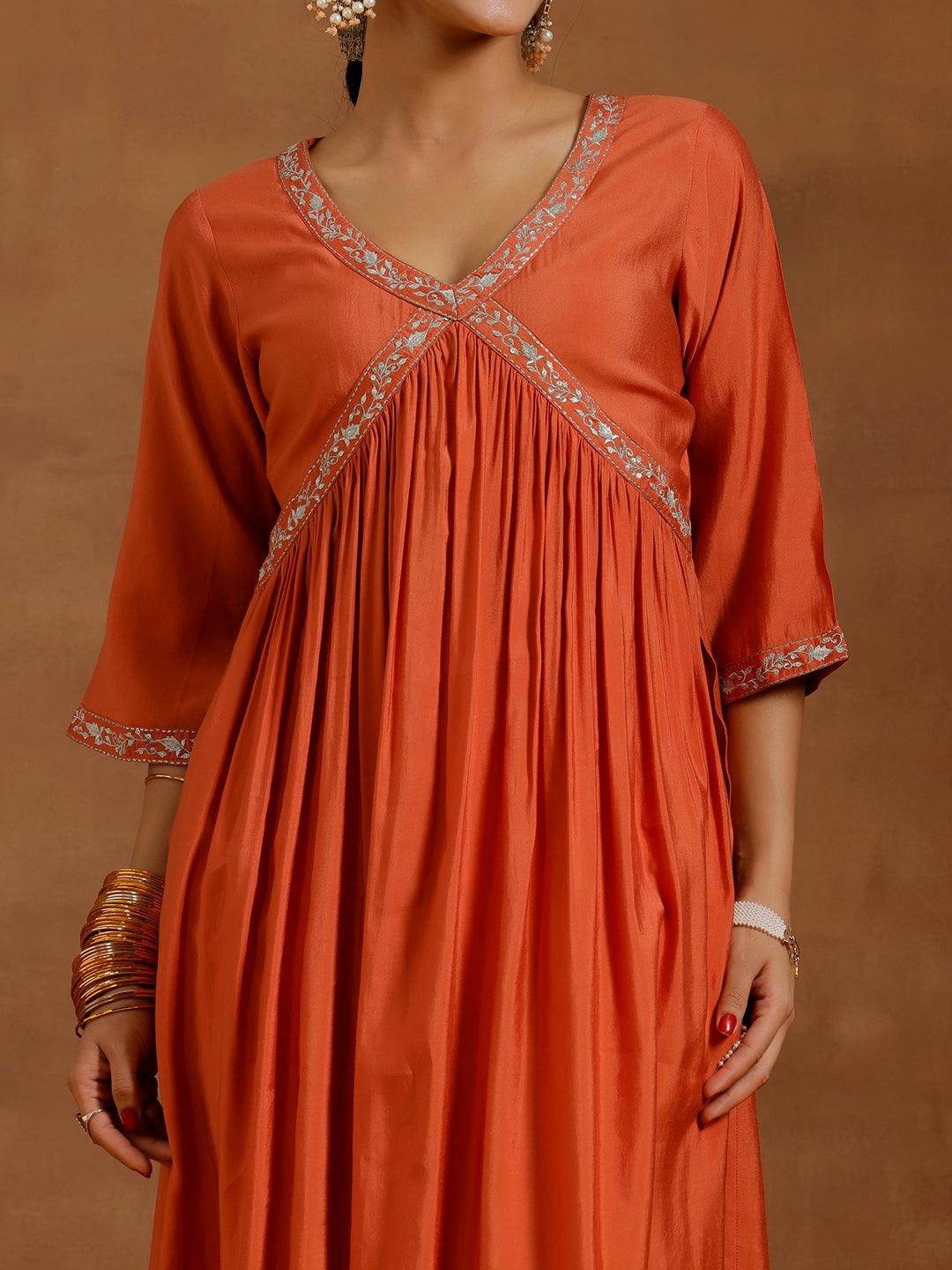 Rust Solid Silk Blend A-Line Kurta With Trousers & Dupatta - Libas 