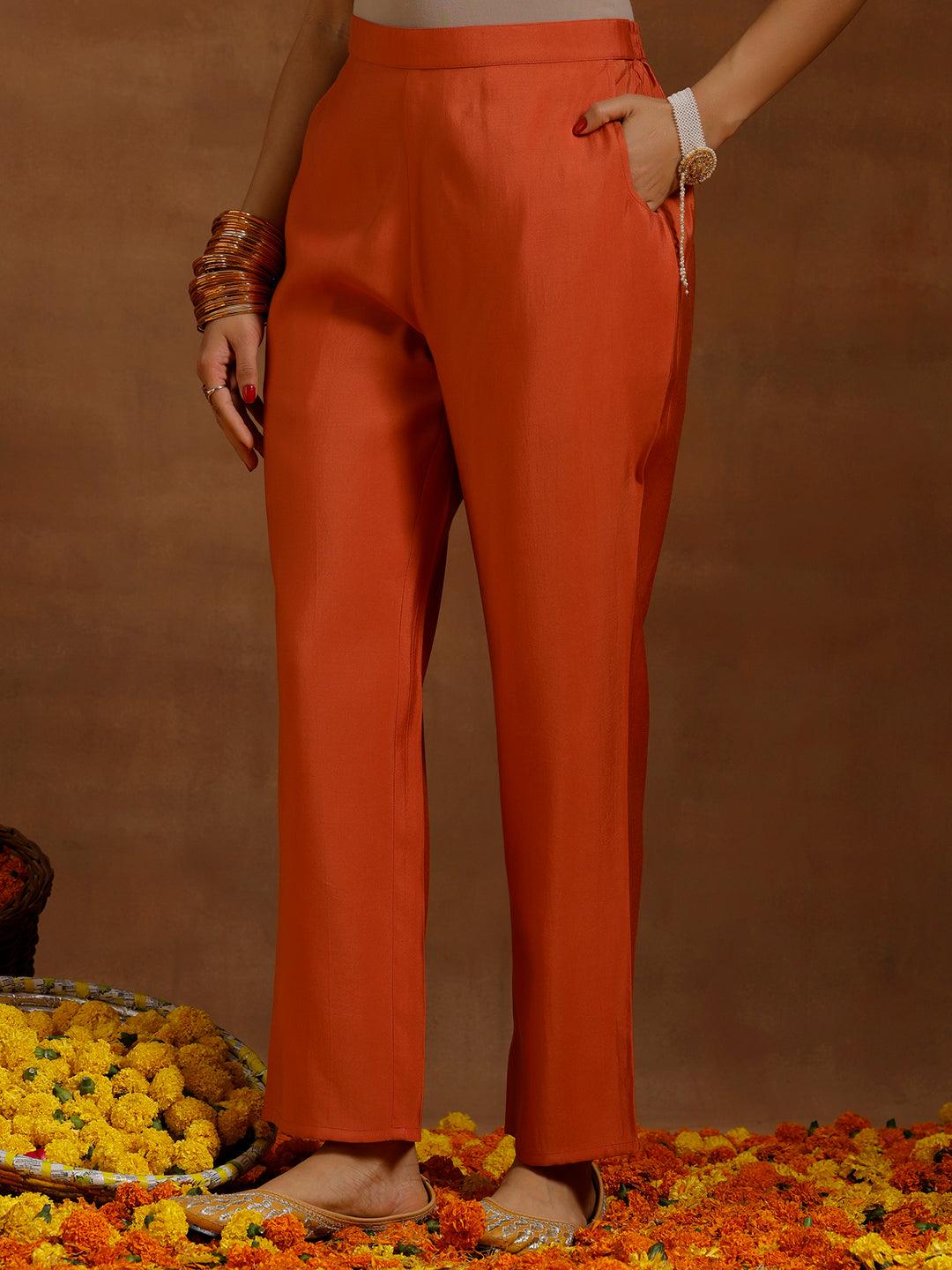 Rust Solid Silk Blend A-Line Kurta With Trousers & Dupatta - Libas 