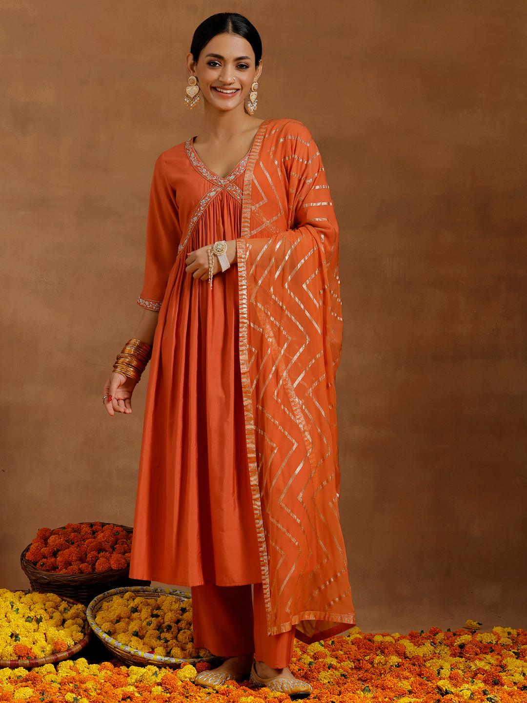 Rust Solid Silk Blend A-Line Kurta With Trousers & Dupatta - Libas 