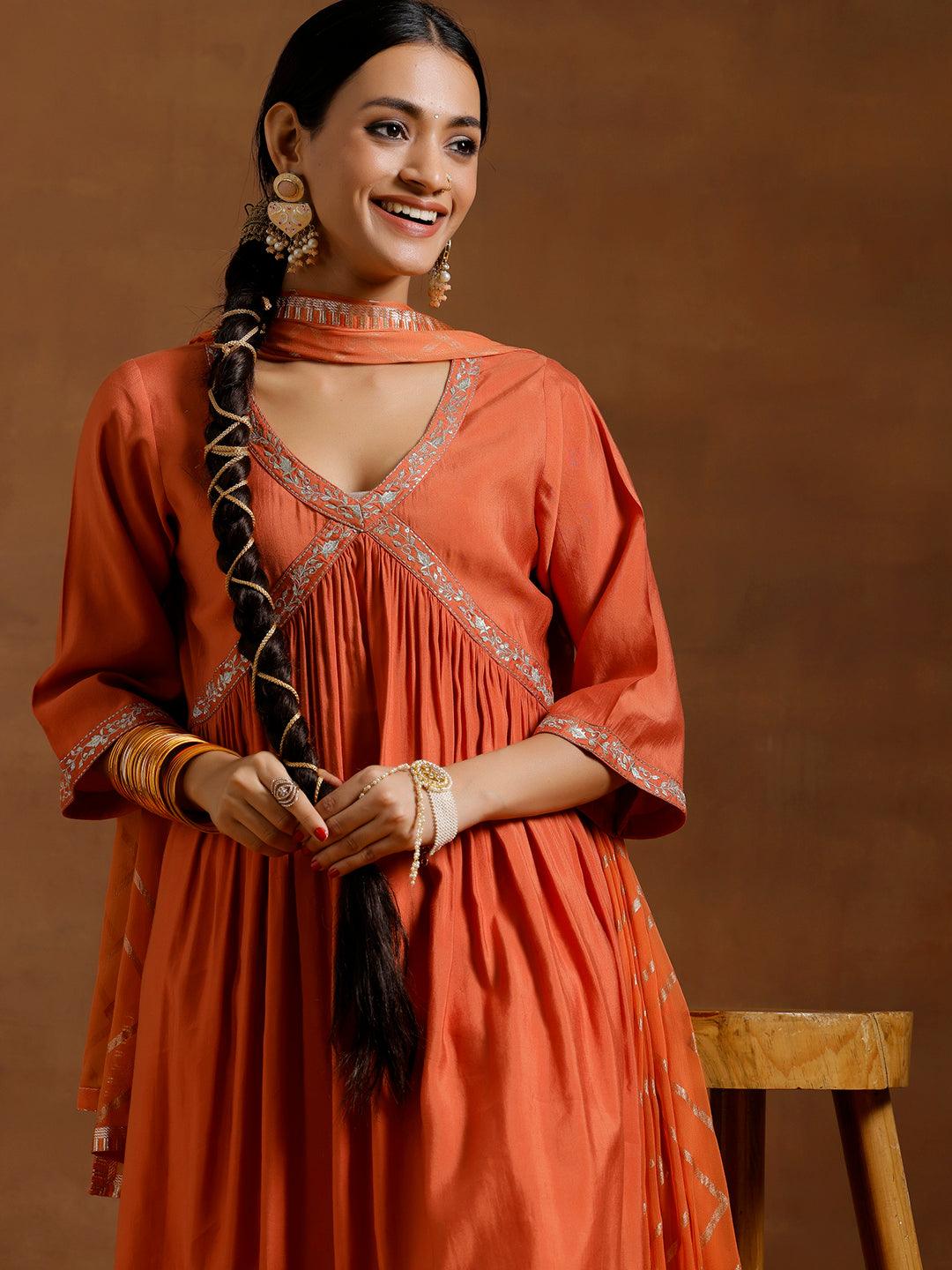 Rust Solid Silk Blend A-Line Kurta With Trousers & Dupatta - Libas 