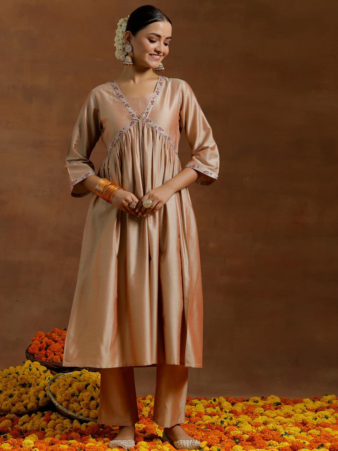 Beige Solid Silk Blend A-Line Kurta With Trousers - Libas 