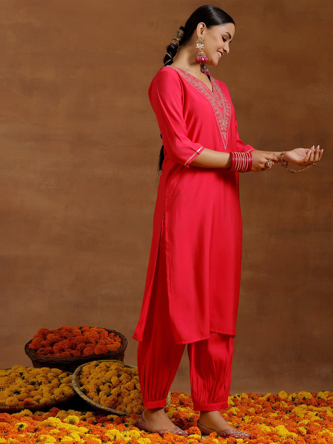 Pink Yoke Design Silk Blend Straight Kurta Set - Libas 