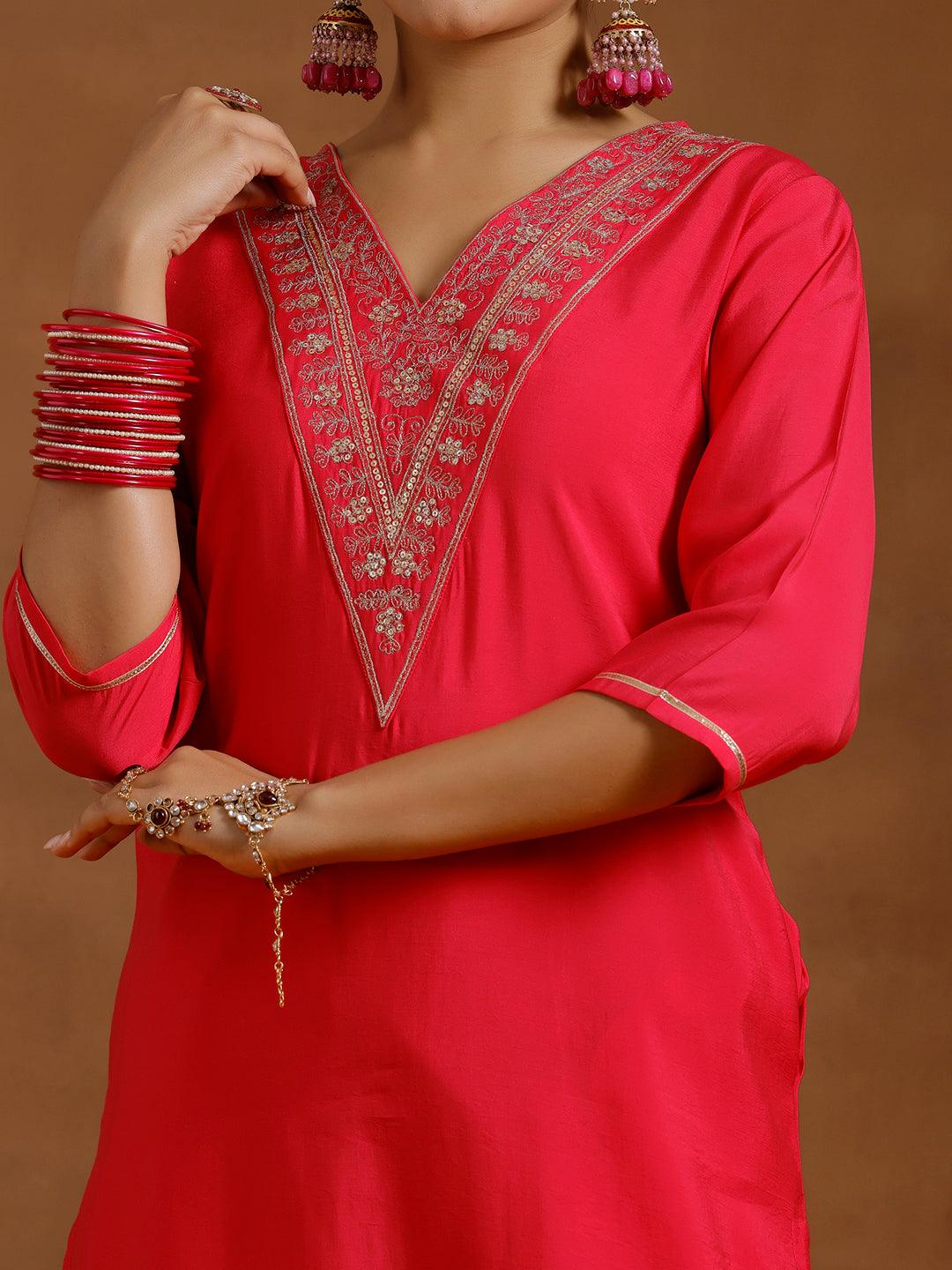 Pink Yoke Design Silk Blend Straight Kurta Set - Libas 