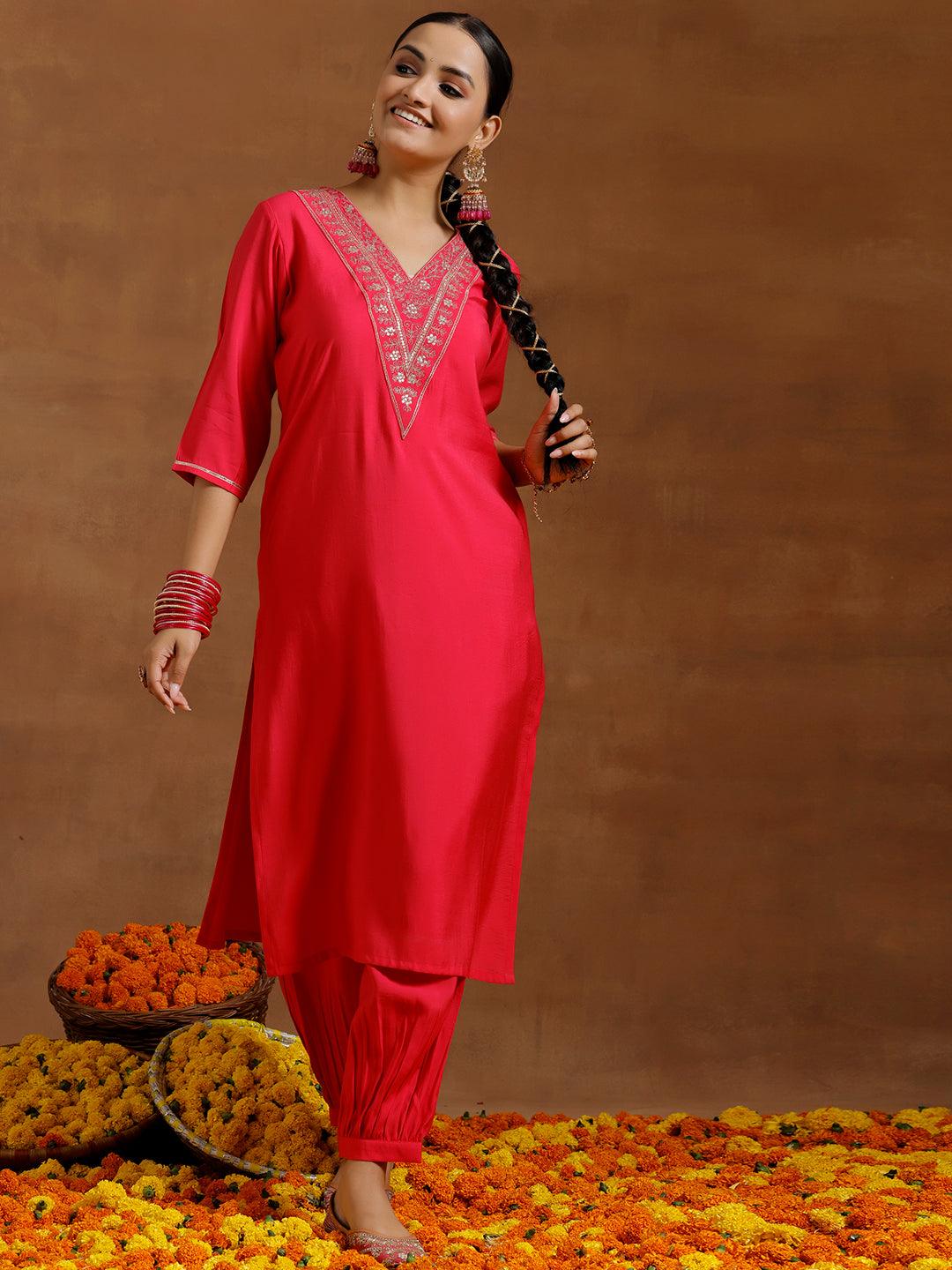 Pink Yoke Design Silk Blend Straight Kurta Set - Libas 