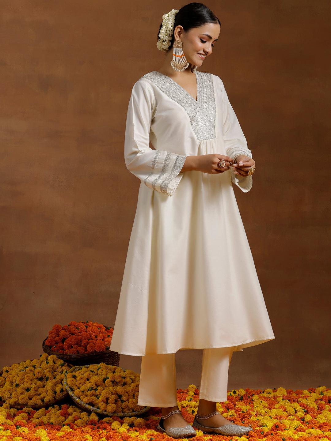 Off white Yoke Design Silk Blend A-Line Kurta With Trousers - Libas 