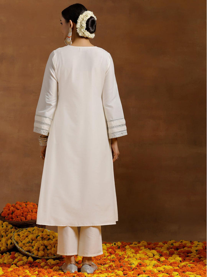 Off white Yoke Design Silk Blend A-Line Kurta With Trousers - Libas