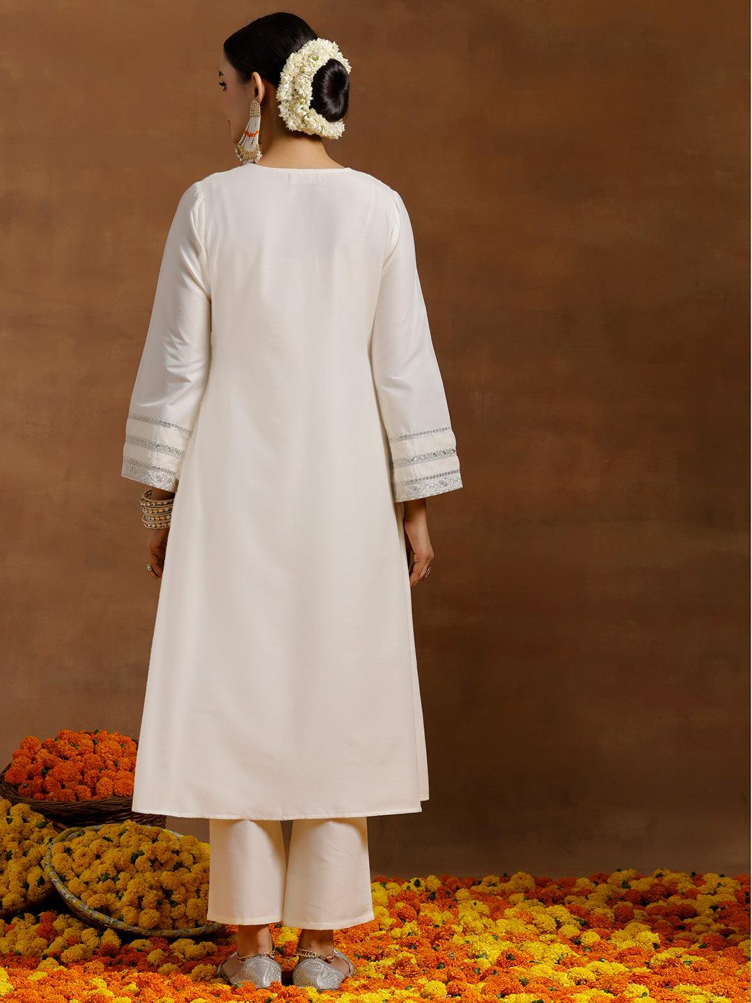 Off white Yoke Design Silk Blend A-Line Kurta With Trousers - Libas 