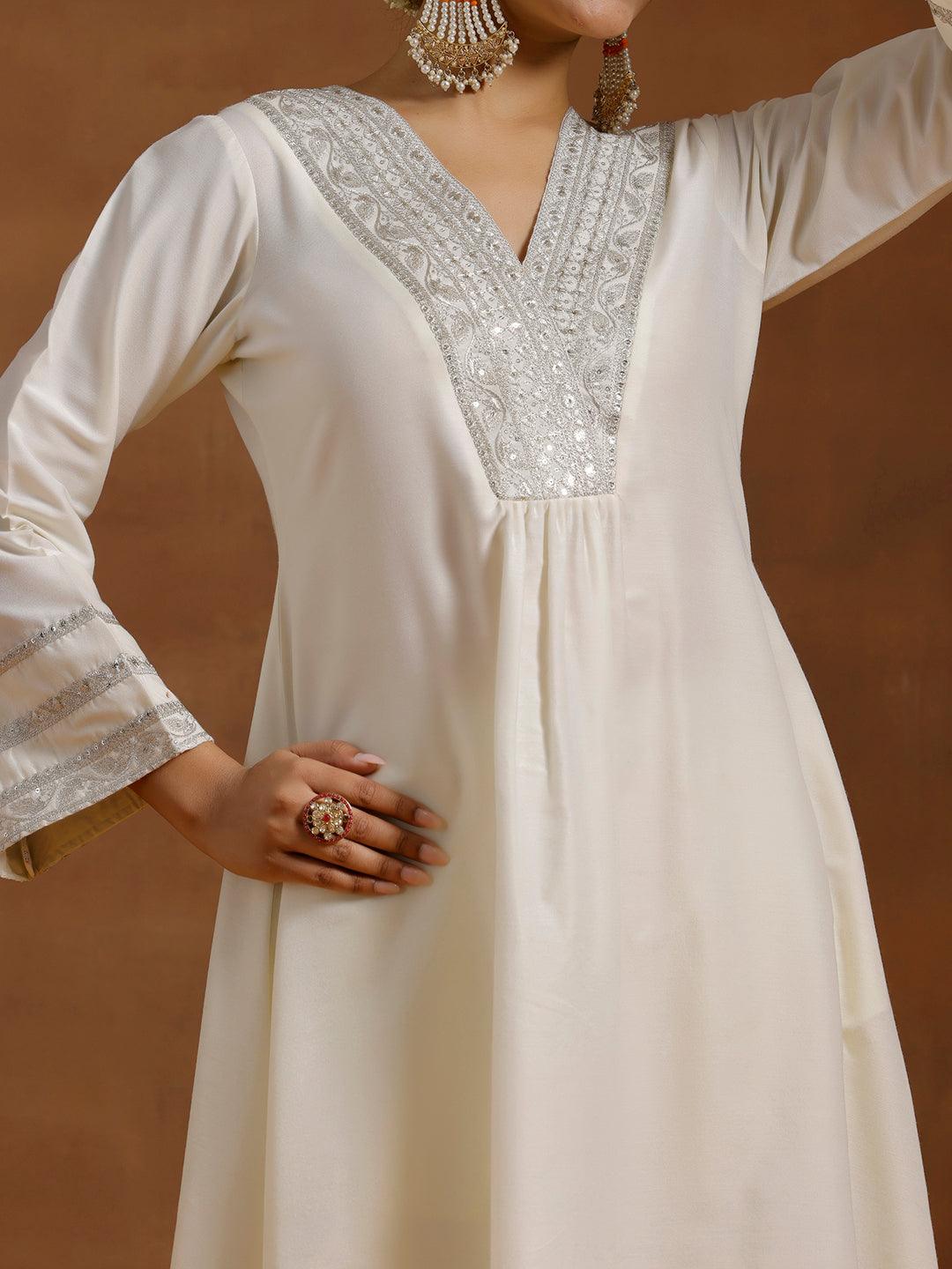 Off white Yoke Design Silk Blend A-Line Kurta With Trousers - Libas 