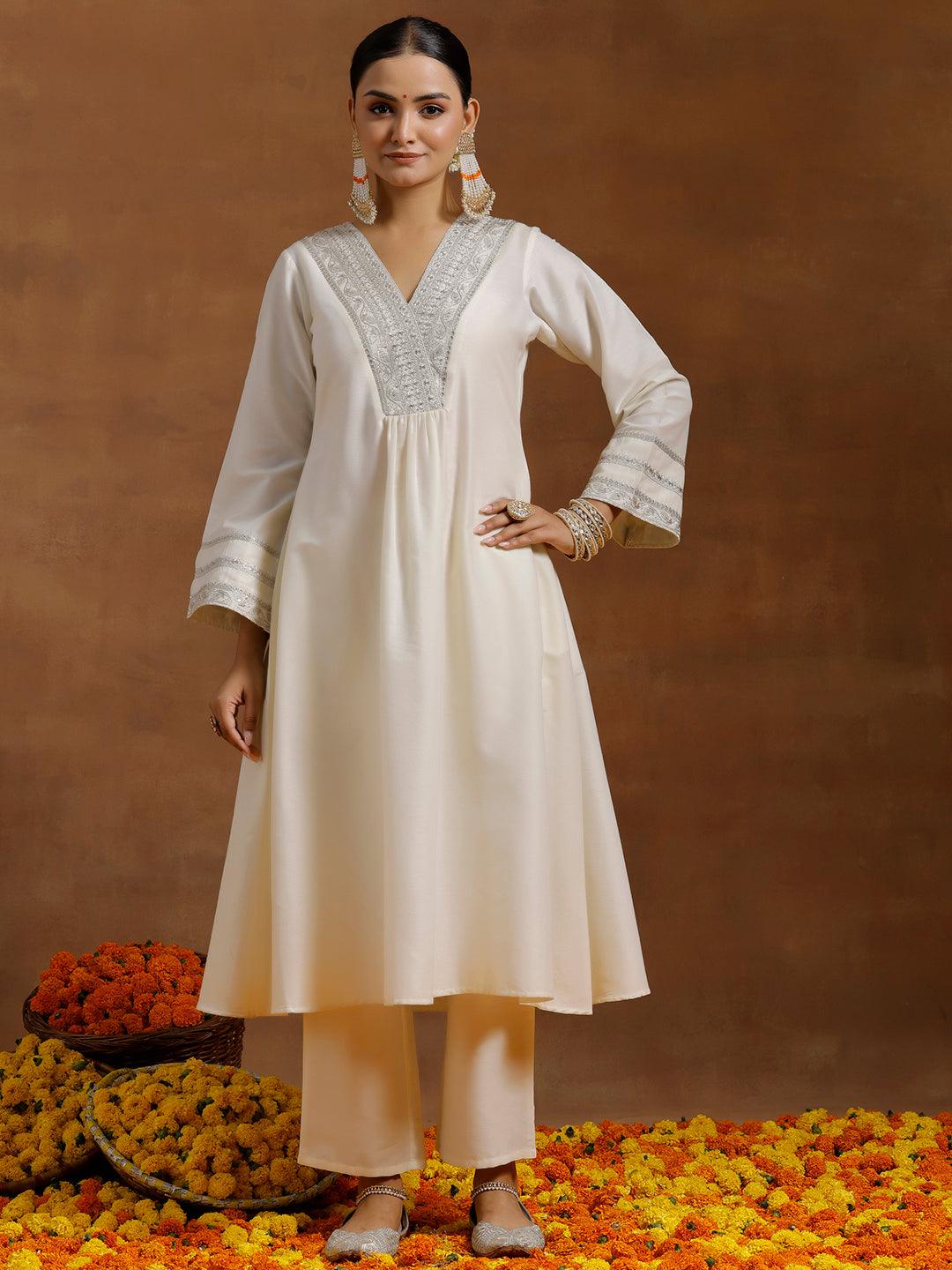 Off white Yoke Design Silk Blend A-Line Kurta With Trousers - Libas 