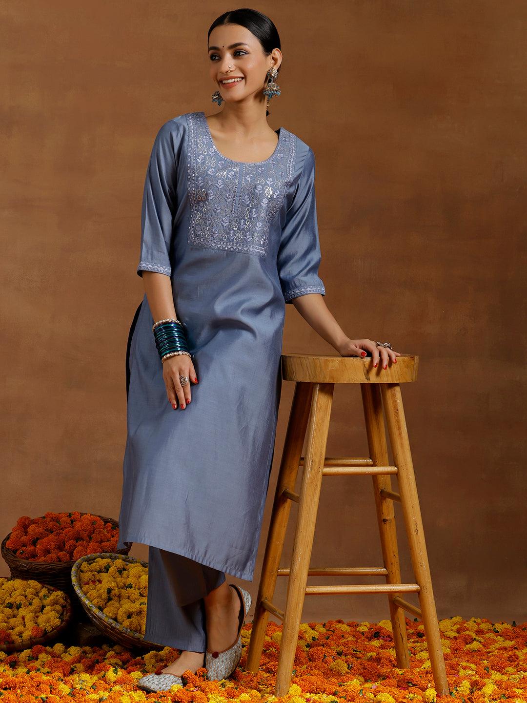 Grey Yoke Design Silk Blend Straight Kurta Set - Libas