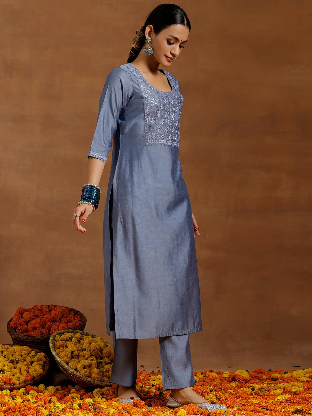 Grey Yoke Design Silk Blend Straight Kurta Set - Libas 