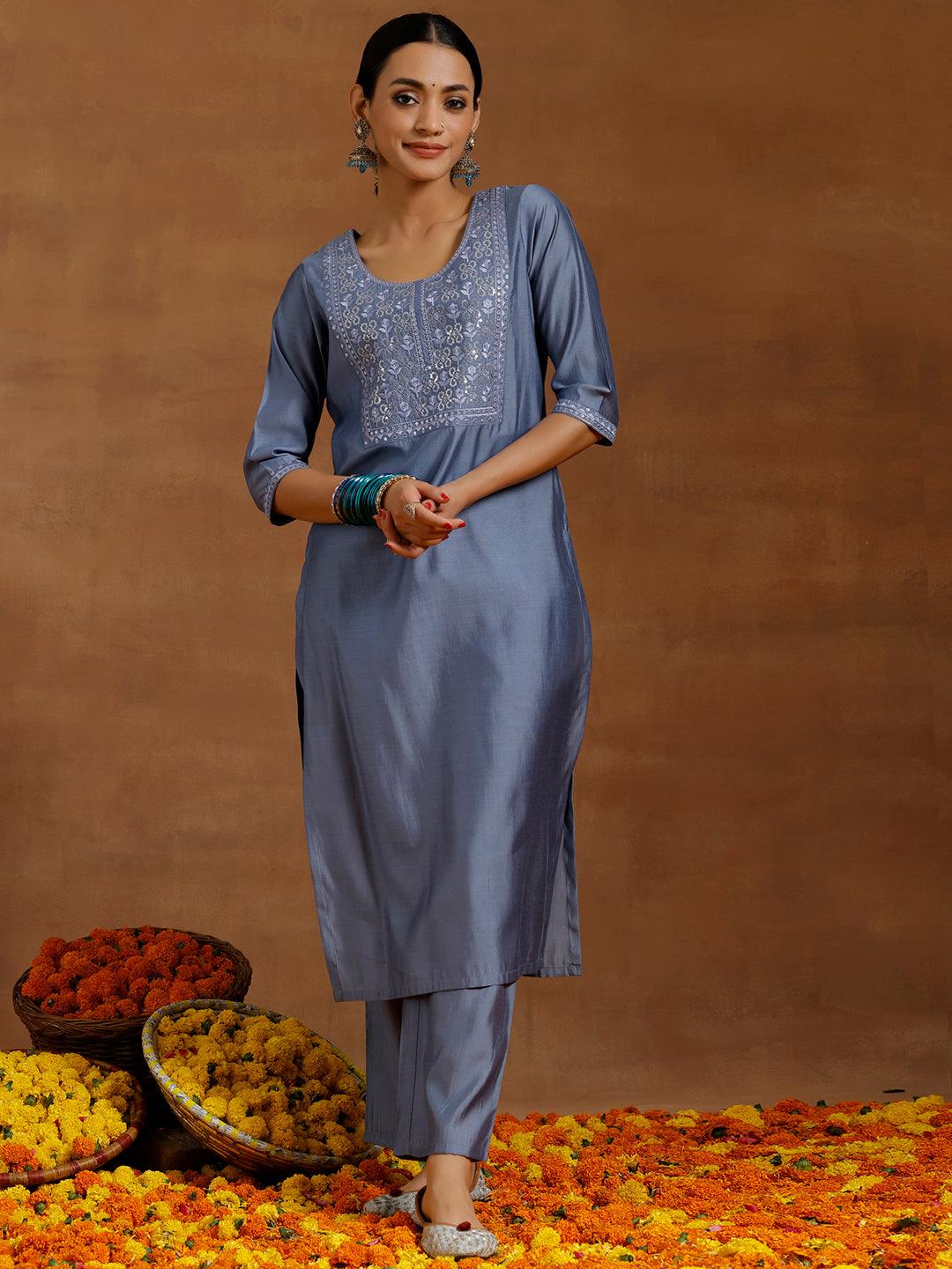 Grey Yoke Design Silk Blend Straight Kurta Set - Libas 