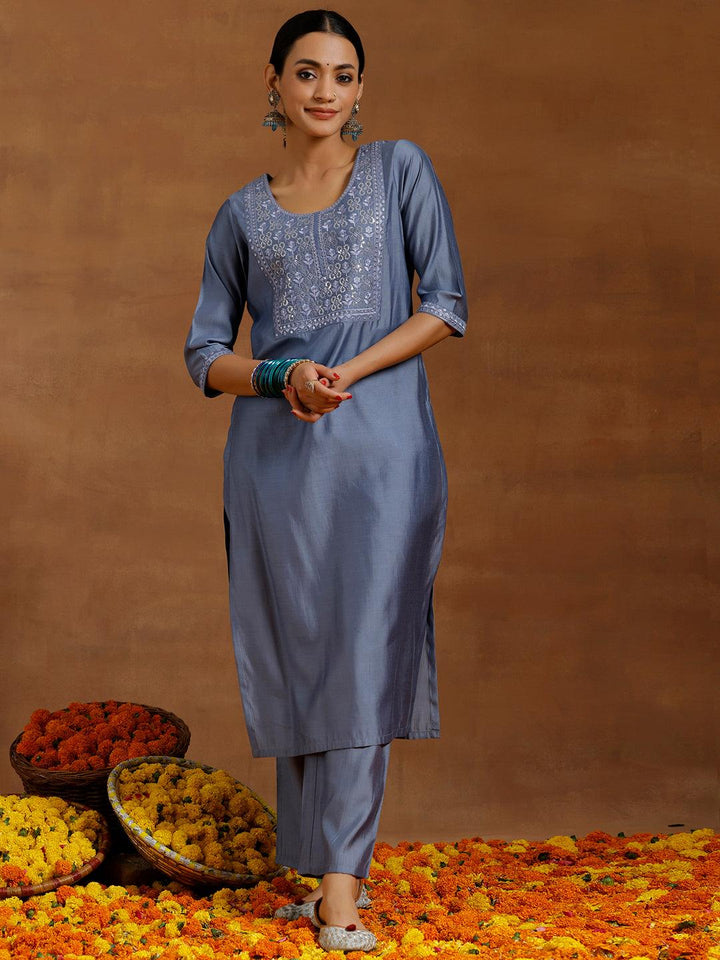 Grey Yoke Design Silk Blend Straight Kurta Set - Libas