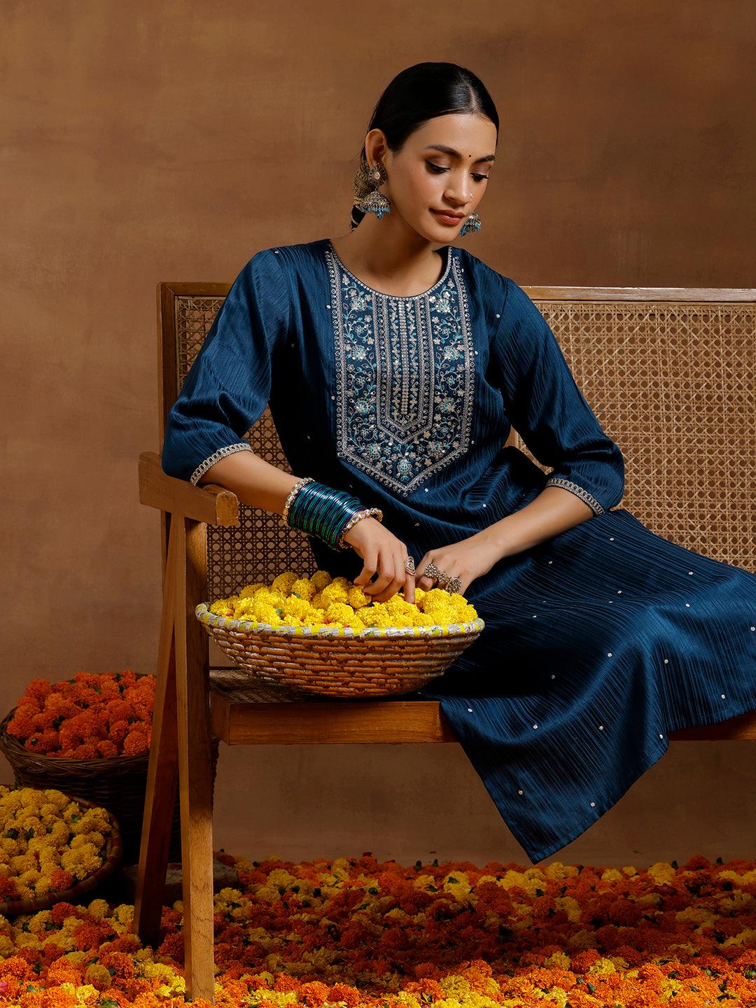 Blue Embroidered Silk Blend Straight Kurta Set - Libas 