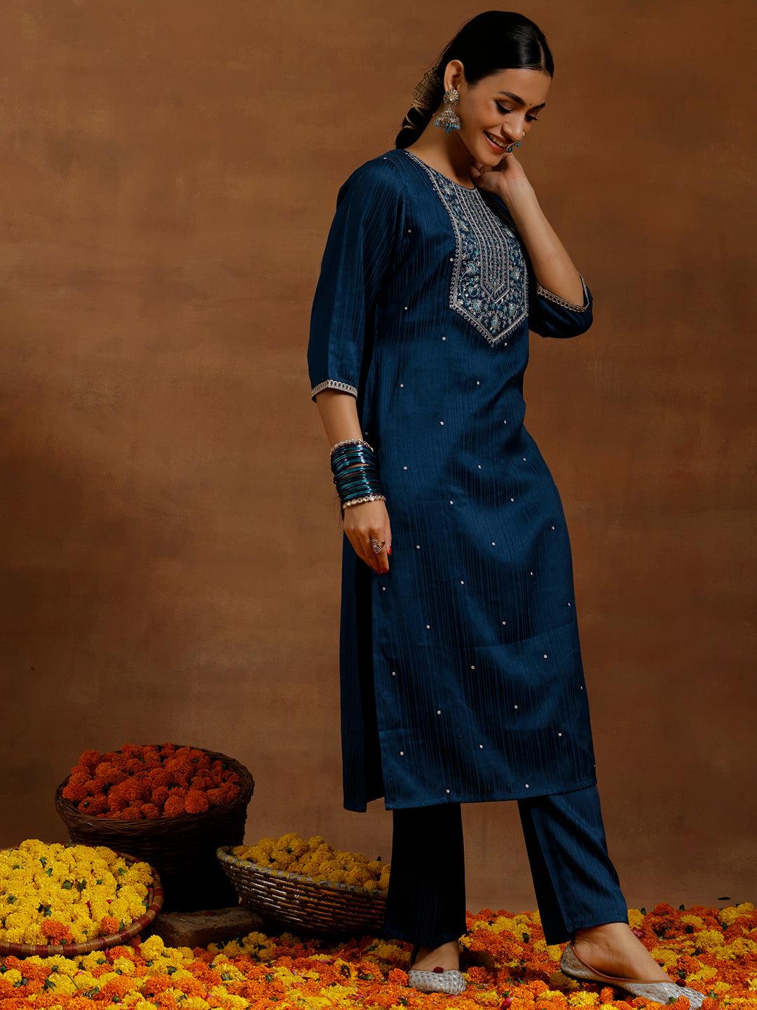 Blue Embroidered Silk Blend Straight Kurta Set - Libas 