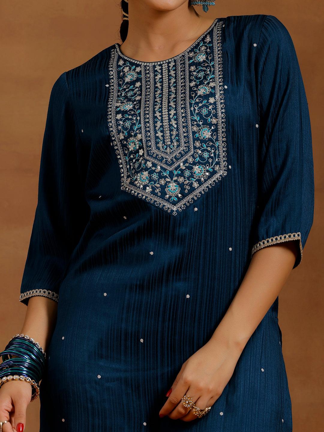 Blue Embroidered Silk Blend Straight Kurta Set - Libas 