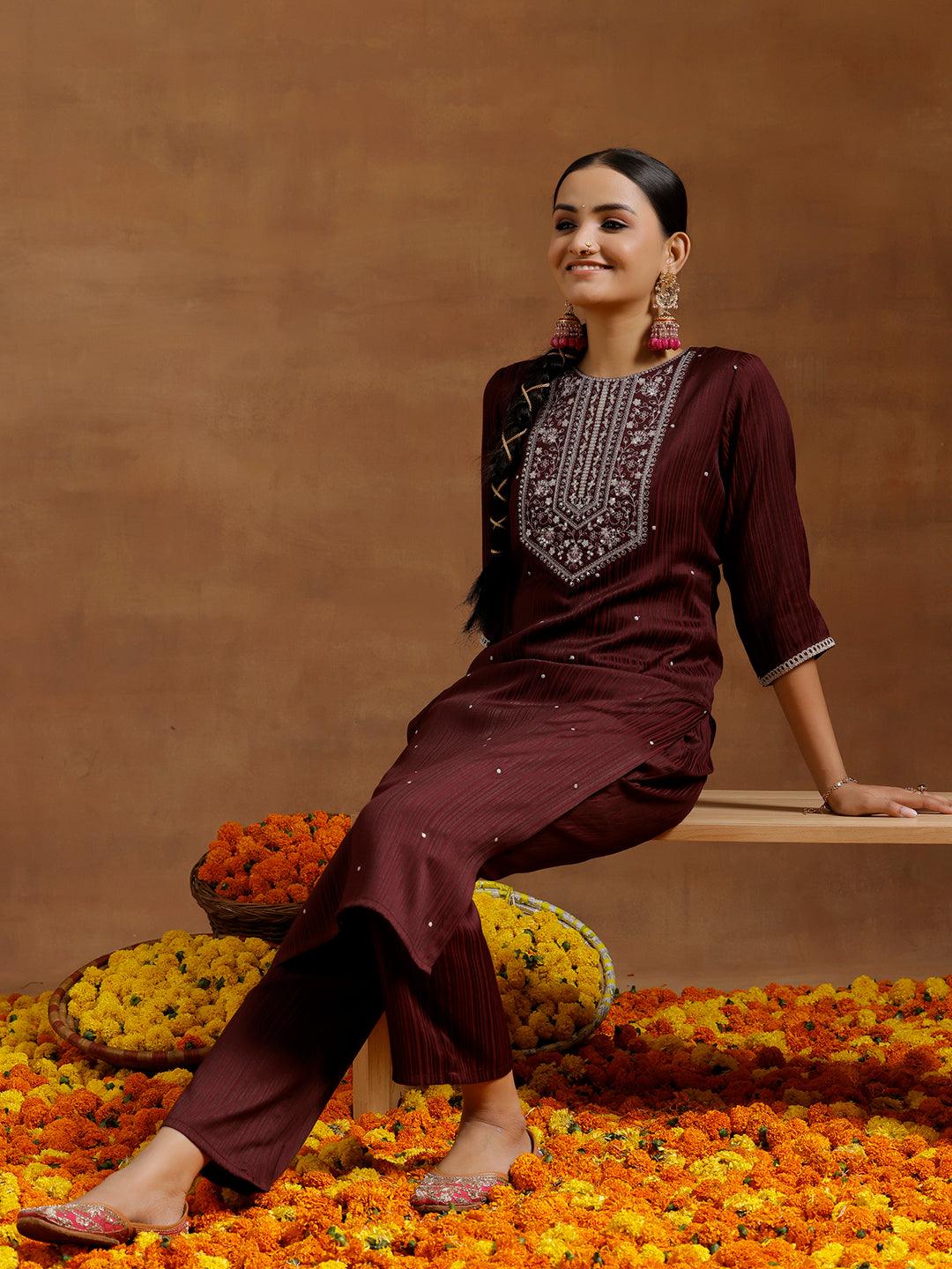 Maroon Embroidered Silk Blend Straight Kurta Set - Libas