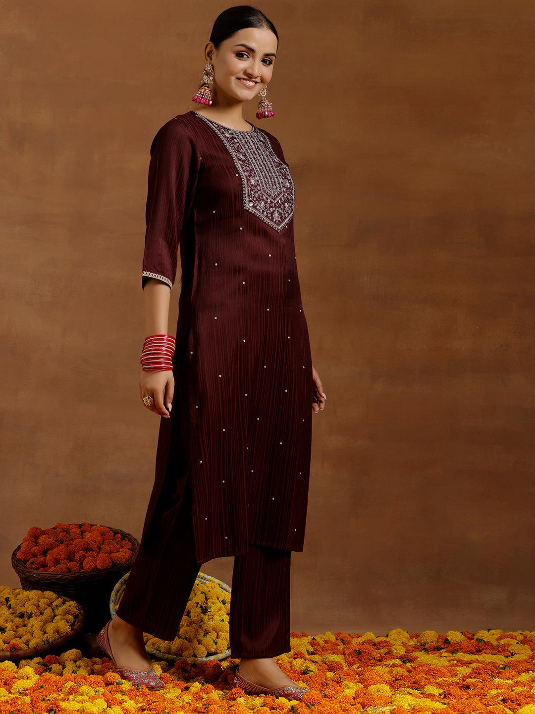 Maroon Embroidered Silk Blend Straight Kurta Set - Libas