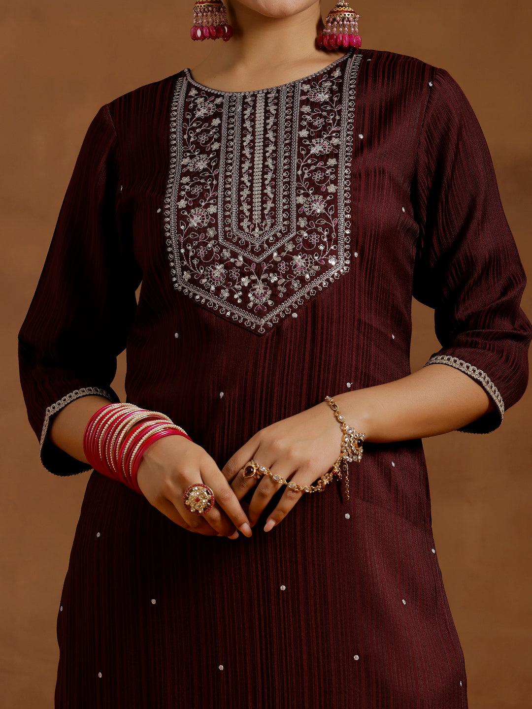 Maroon Embroidered Silk Blend Straight Kurta Set - Libas