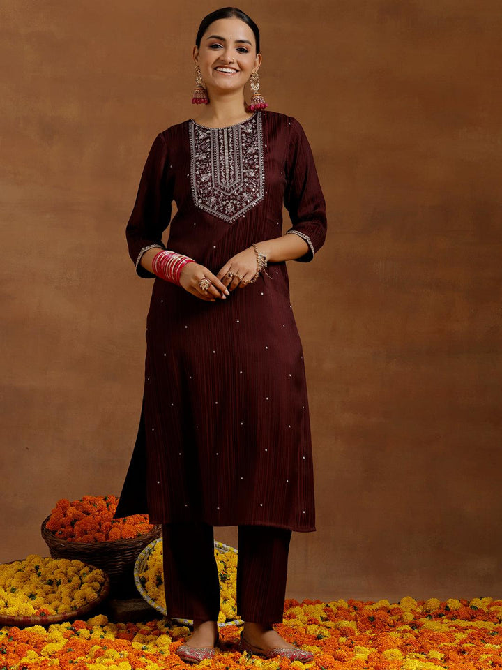 Maroon Embroidered Silk Blend Straight Kurta Set - Libas