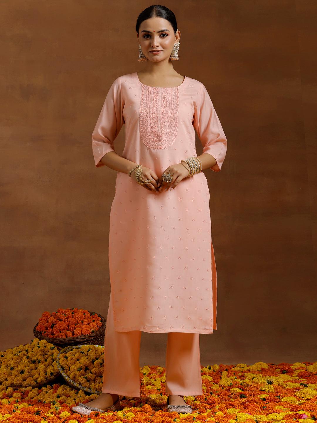 Peach Embroidered Silk Blend Straight Kurta Set - Libas