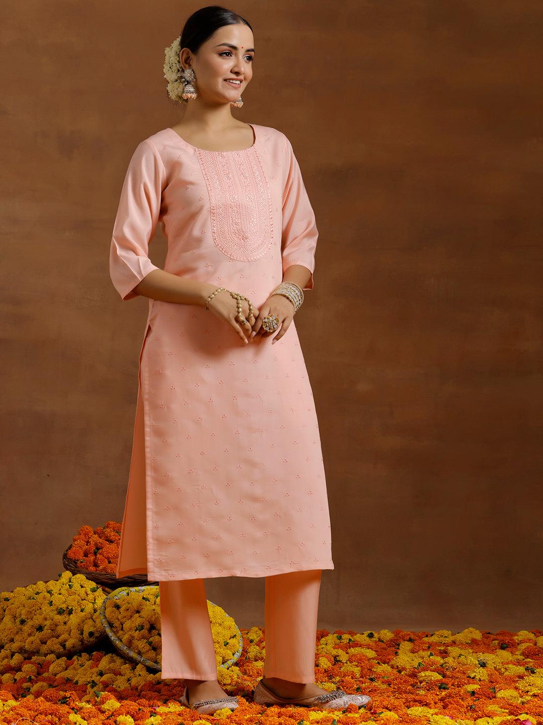 Peach Embroidered Silk Blend Straight Kurta Set - Libas 