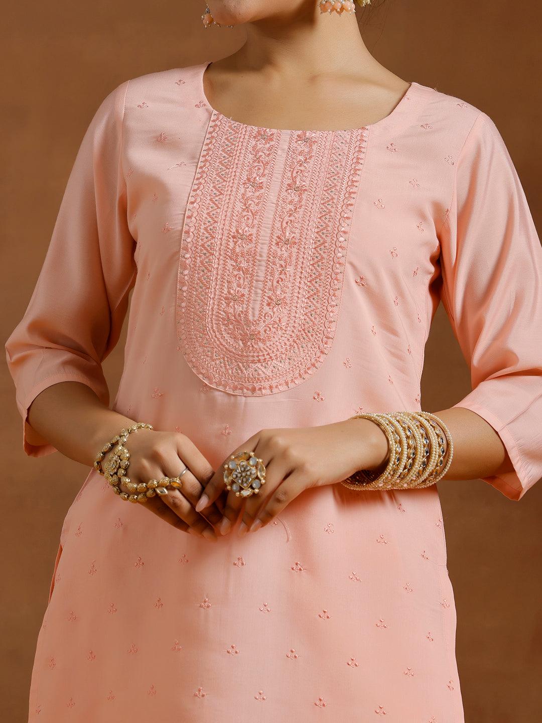 Peach Embroidered Silk Blend Straight Kurta Set - Libas 