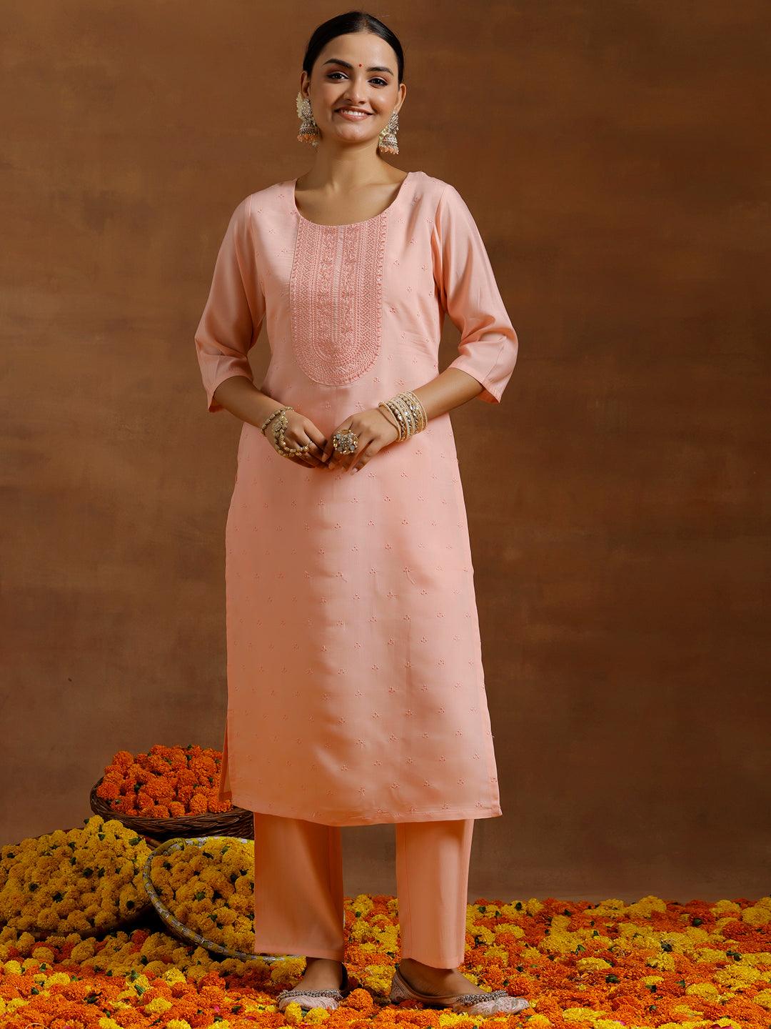 Peach Embroidered Silk Blend Straight Kurta Set - Libas 