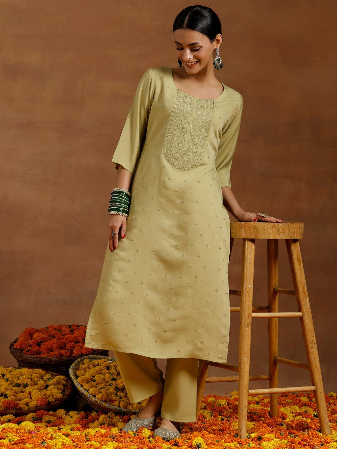 Olive Green Embroidered Silk Blend Straight Kurta Set - Libas 