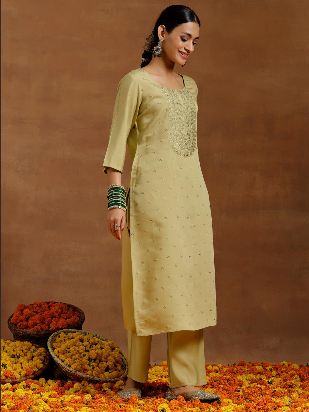 Olive Green Embroidered Silk Blend Straight Kurta Set - Libas 