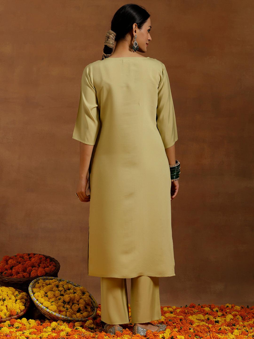 Olive Green Embroidered Silk Blend Straight Kurta Set - Libas 