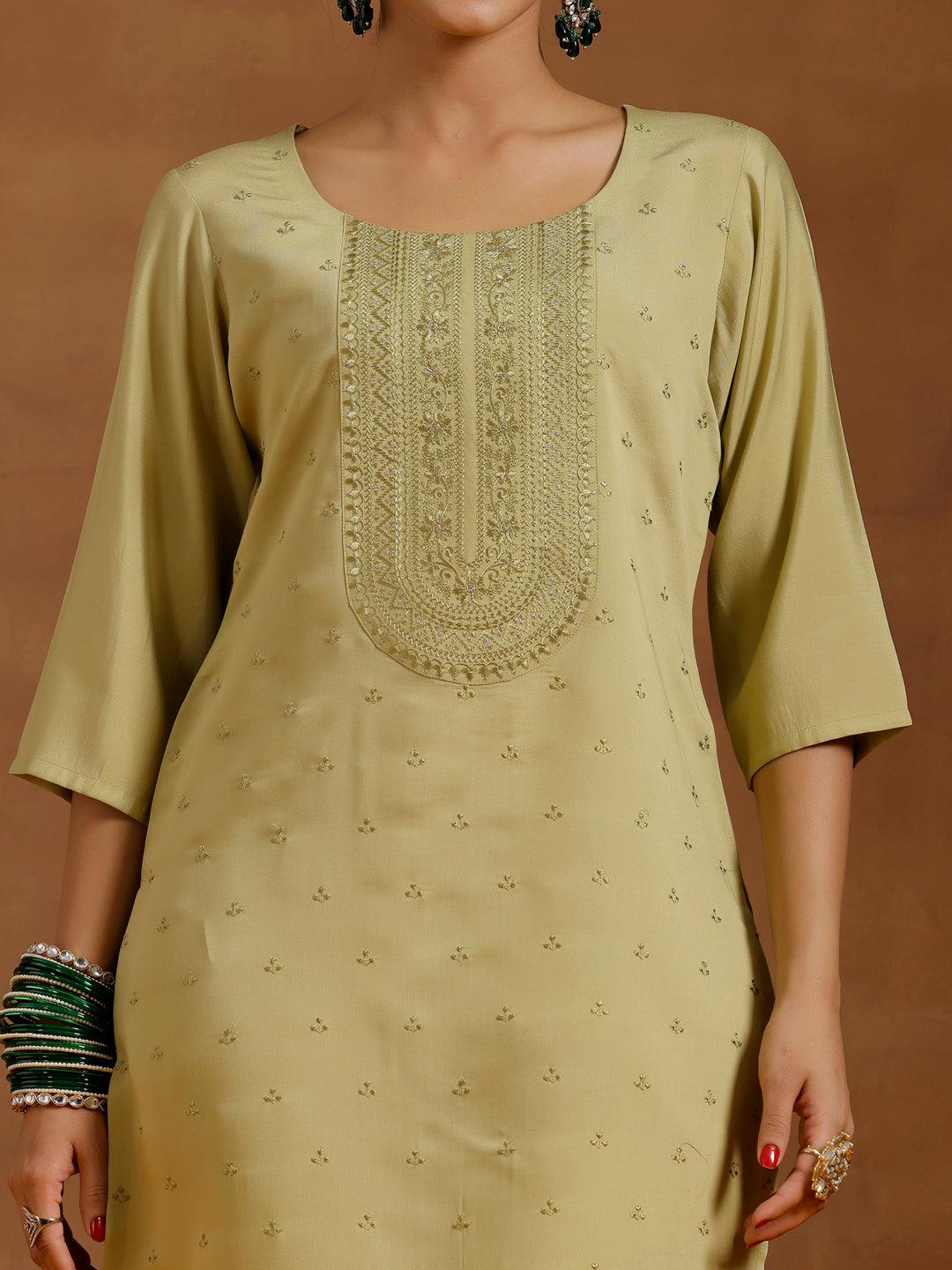 Olive Green Embroidered Silk Blend Straight Kurta Set - Libas