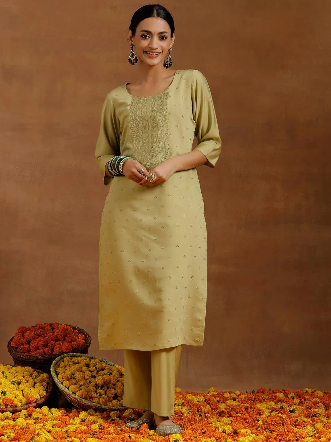 Olive Green Embroidered Silk Blend Straight Kurta Set - Libas 