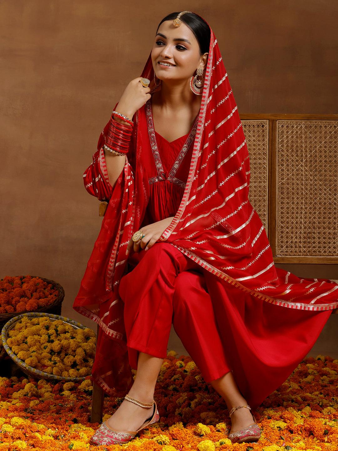 Red Solid Silk Blend A-Line Kurta With Trousers & Dupatta - Libas 