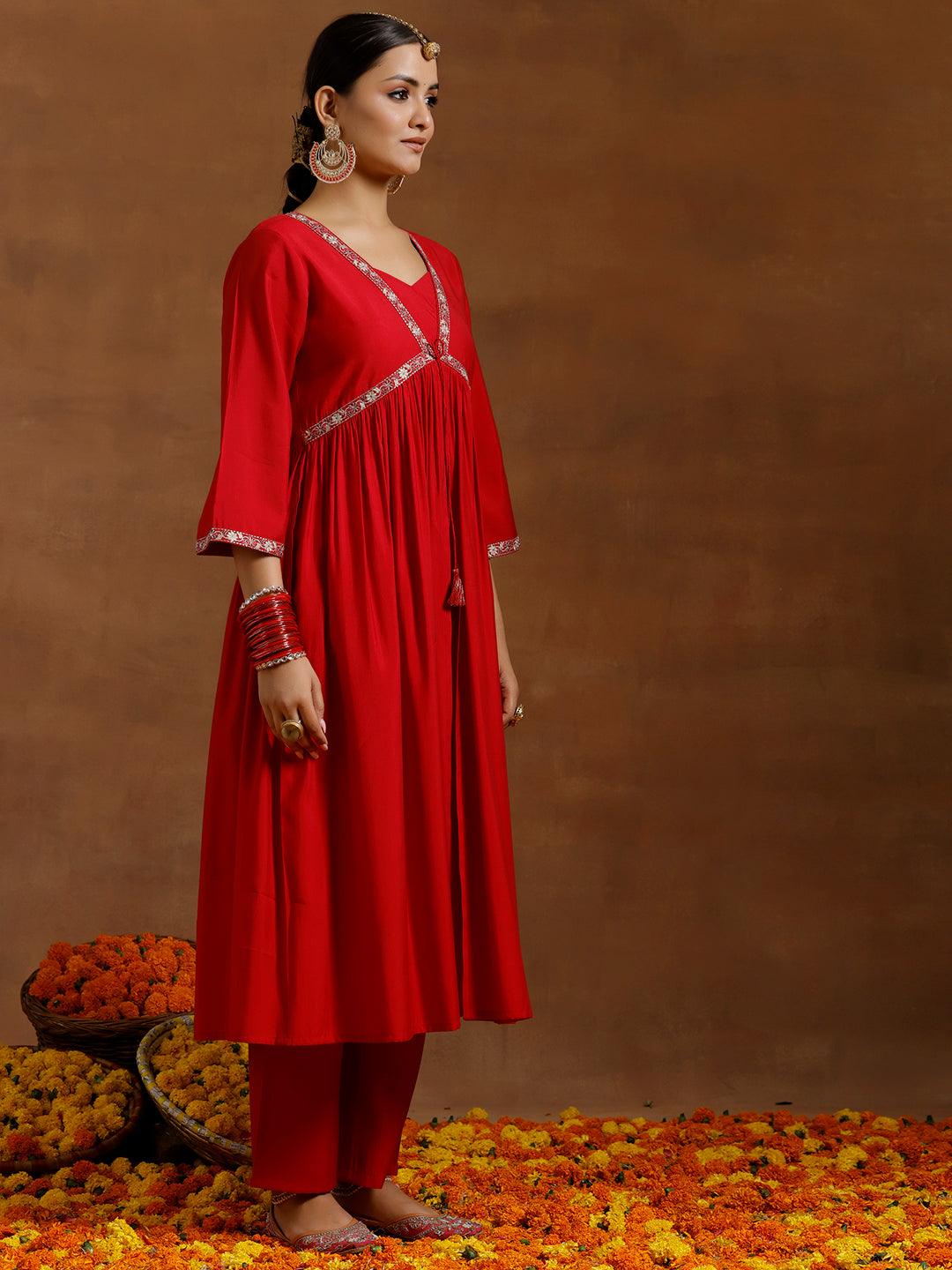 Red Solid Silk Blend A-Line Kurta With Trousers & Dupatta - Libas