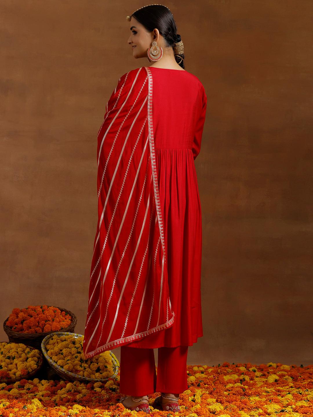 Red Solid Silk Blend A-Line Kurta With Trousers & Dupatta - Libas 