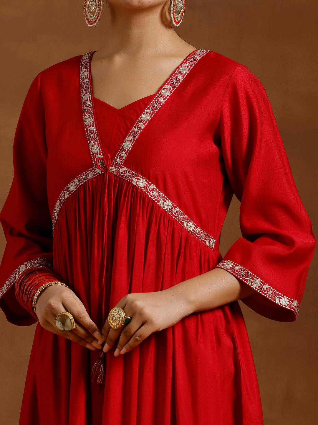 Red Solid Silk Blend A-Line Kurta With Trousers & Dupatta - Libas 