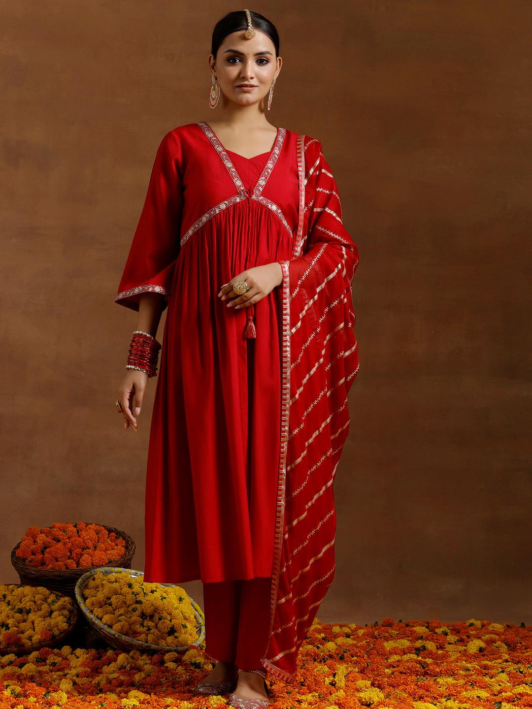 Red Solid Silk Blend A-Line Kurta With Trousers & Dupatta - Libas