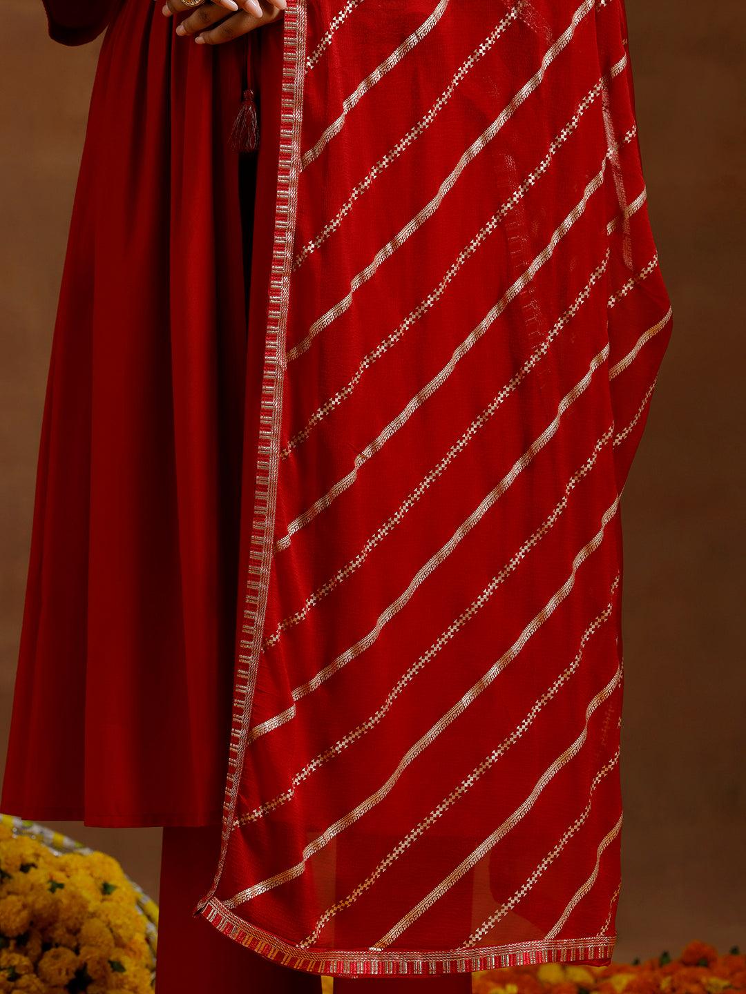 Red Solid Silk Blend A-Line Kurta With Trousers & Dupatta - Libas 