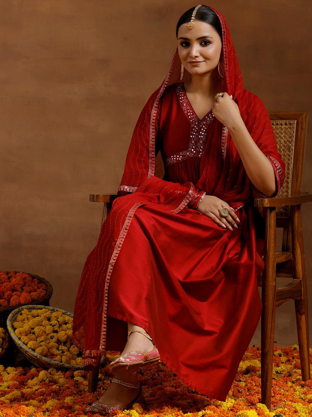 Red Solid Silk Blend A-Line Kurta With Trousers & Dupatta - Libas 